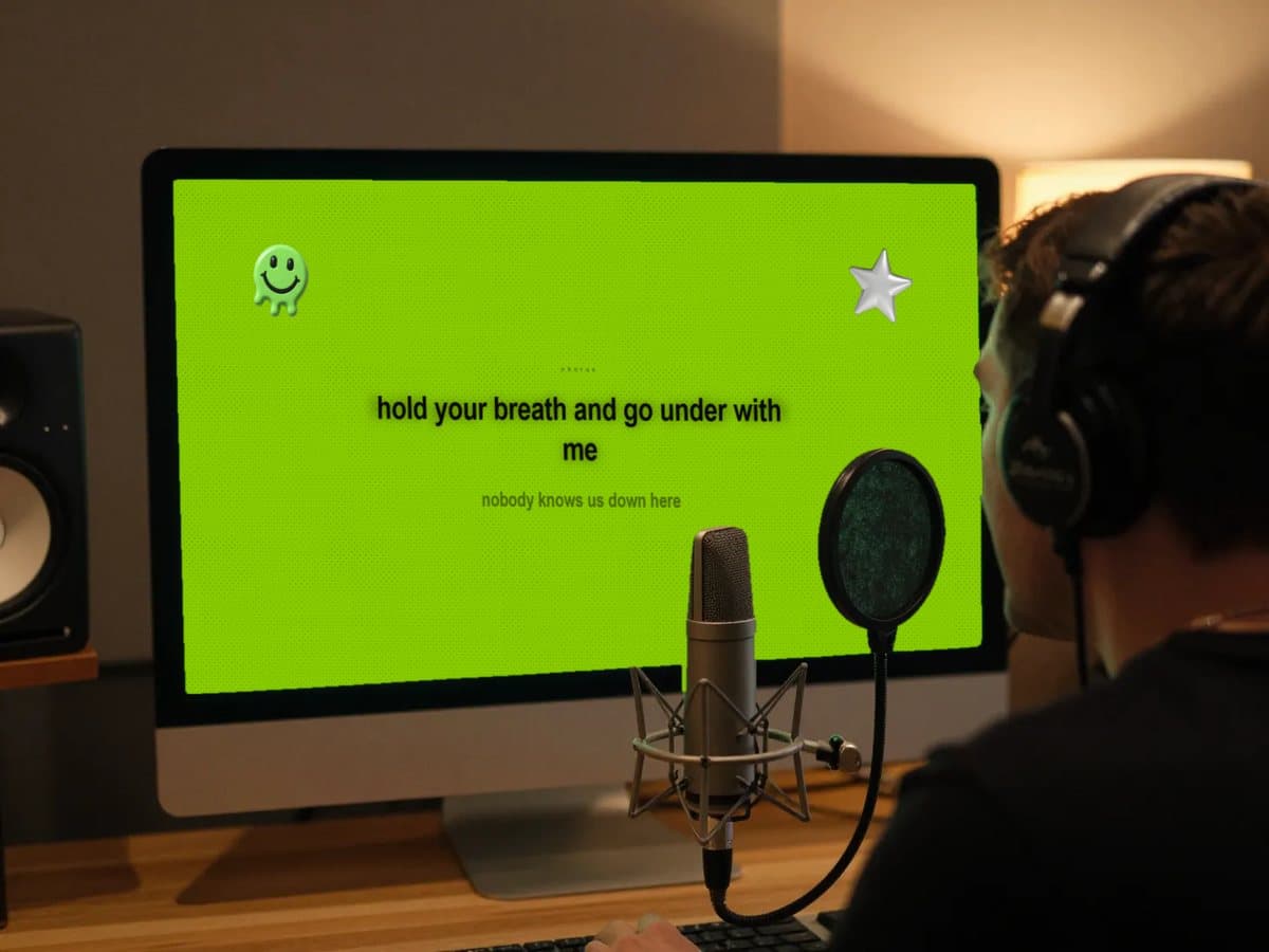 A singer in headphones at a microphone, the lyric display filling the monitor in front of them in acid green.