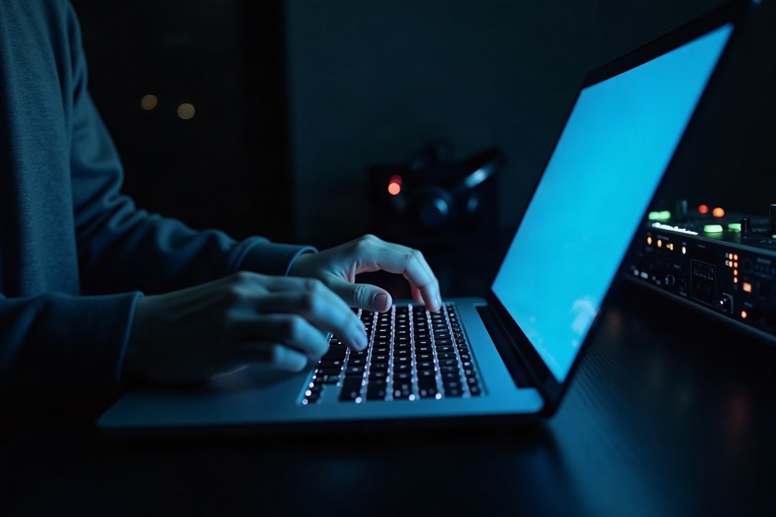 A hand about to press the space bar of a laptop keyboard in a dark room, lit by the screen.