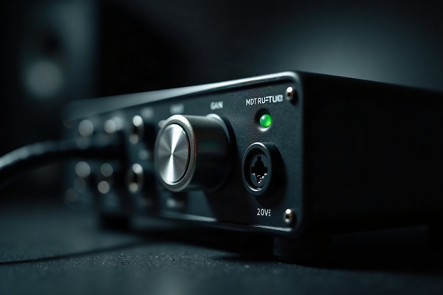 Close up of an audio interface front panel with a gain knob and a green input indicator.