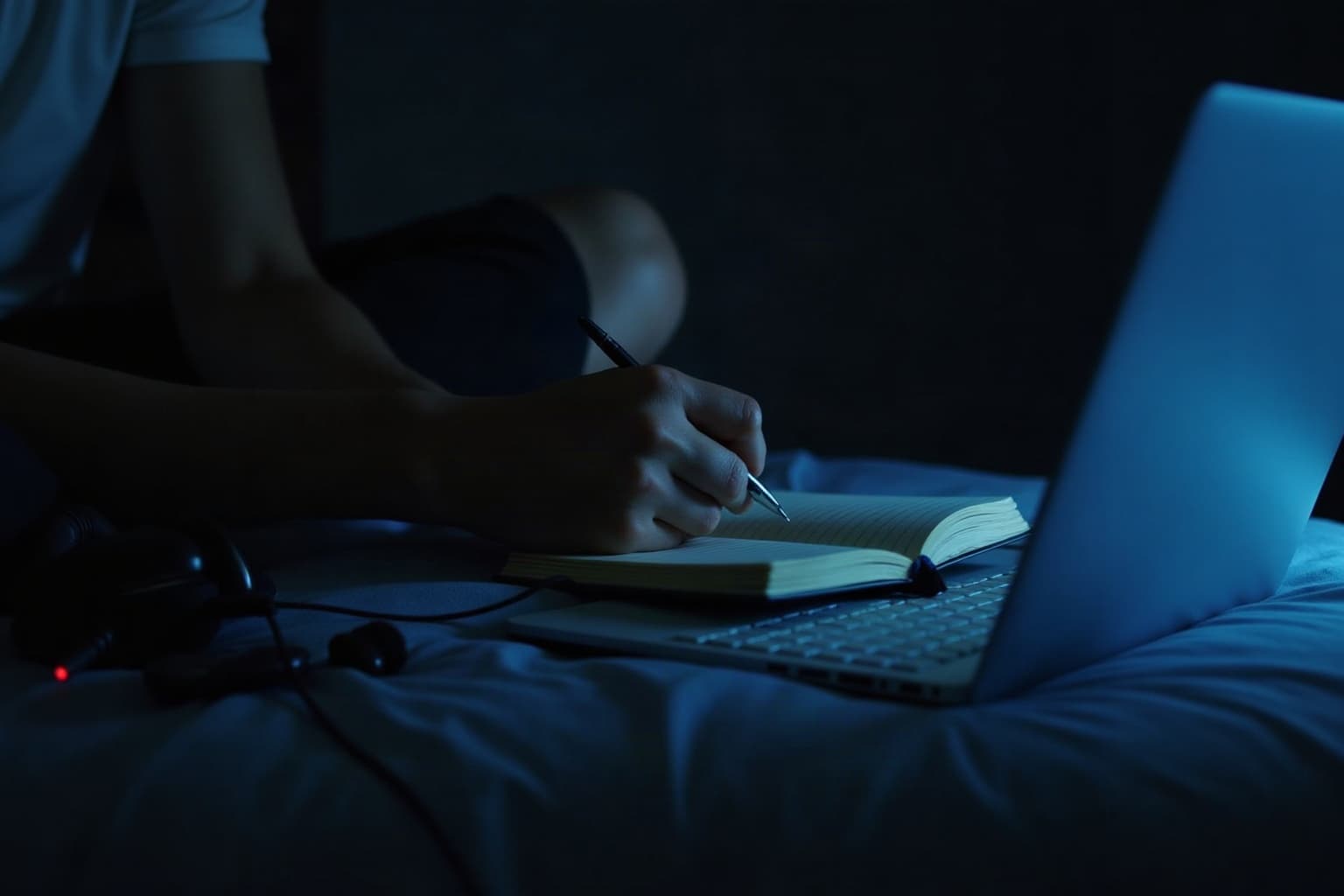 A hand writing in a small notebook on a bed at night, lit blue by a laptop screen, a pair of headphones beside it.