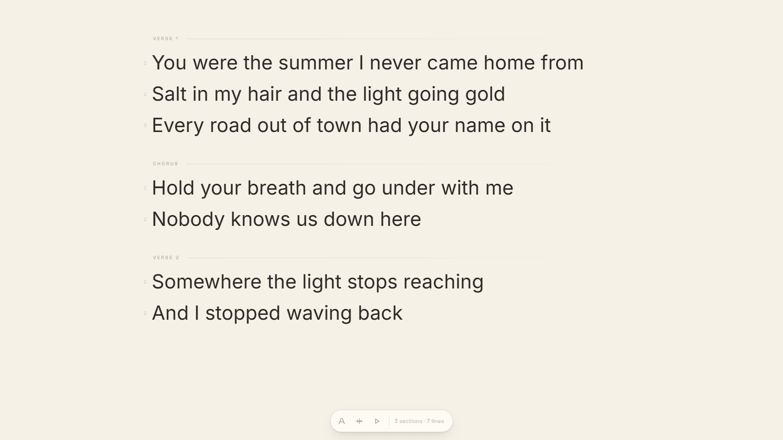 The Lyriquee lyric sheet in write mode, with numbered lines under Verse 1, Chorus and Verse 2 headings.