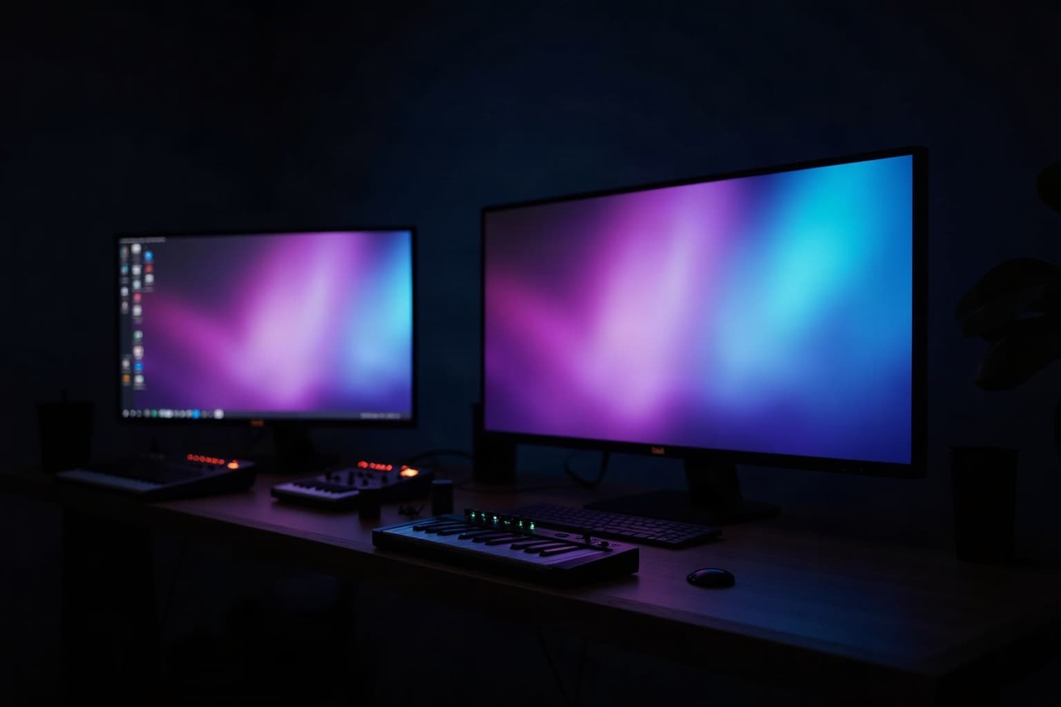 A dark home studio at night, the monitor filled with soft violet and cyan light.