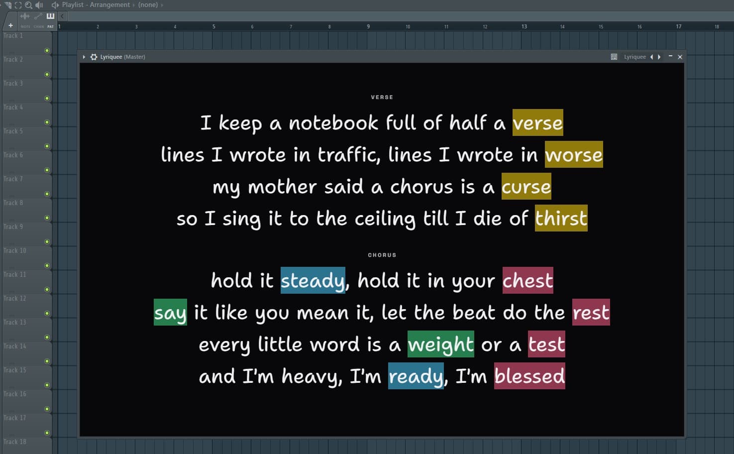 Lyriquee open on the master track in FL Studio, showing the same verse as the highlighter above with its rhymes coloured.